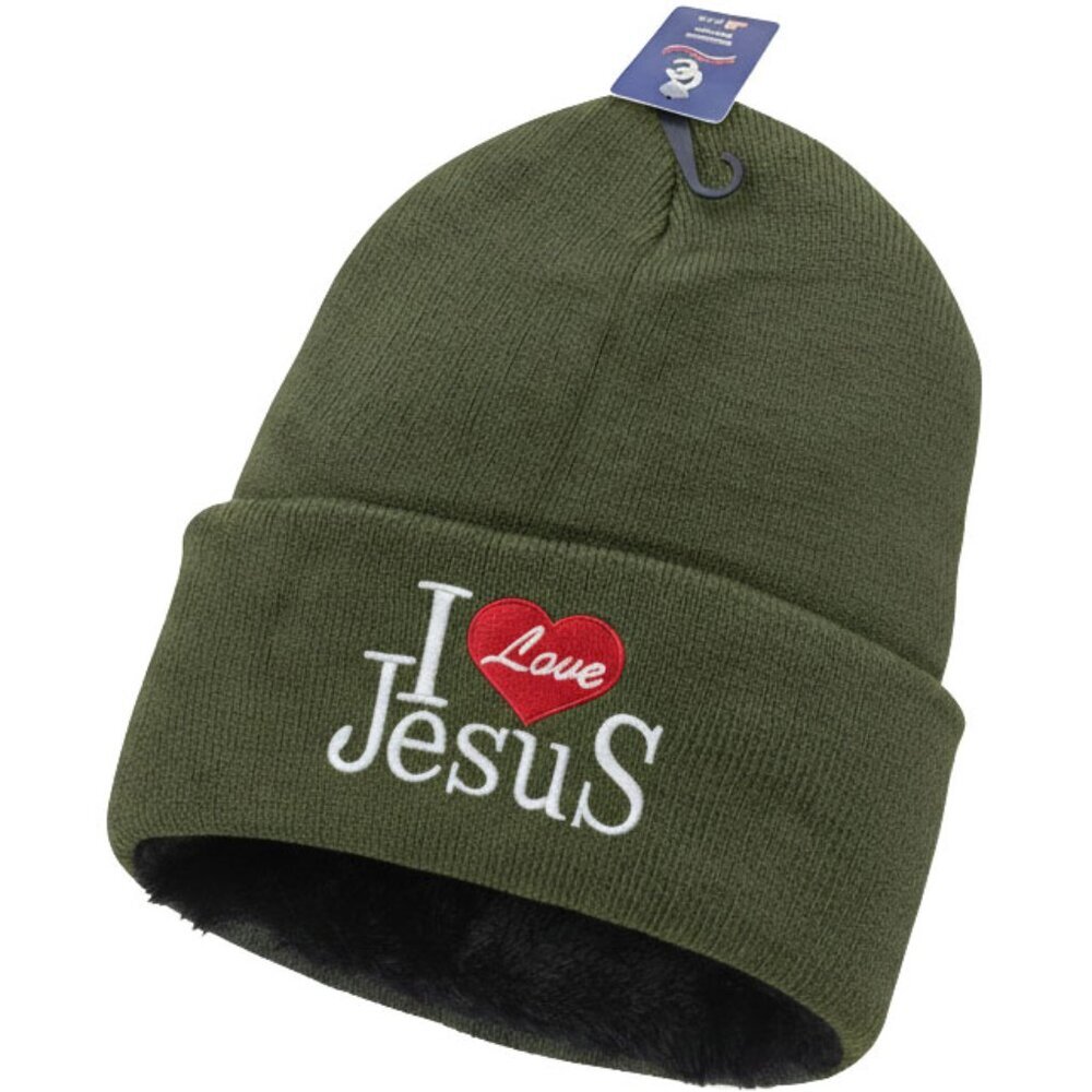 "I Love Jesus" Warm Fleece-Lined Winter Hat, Green